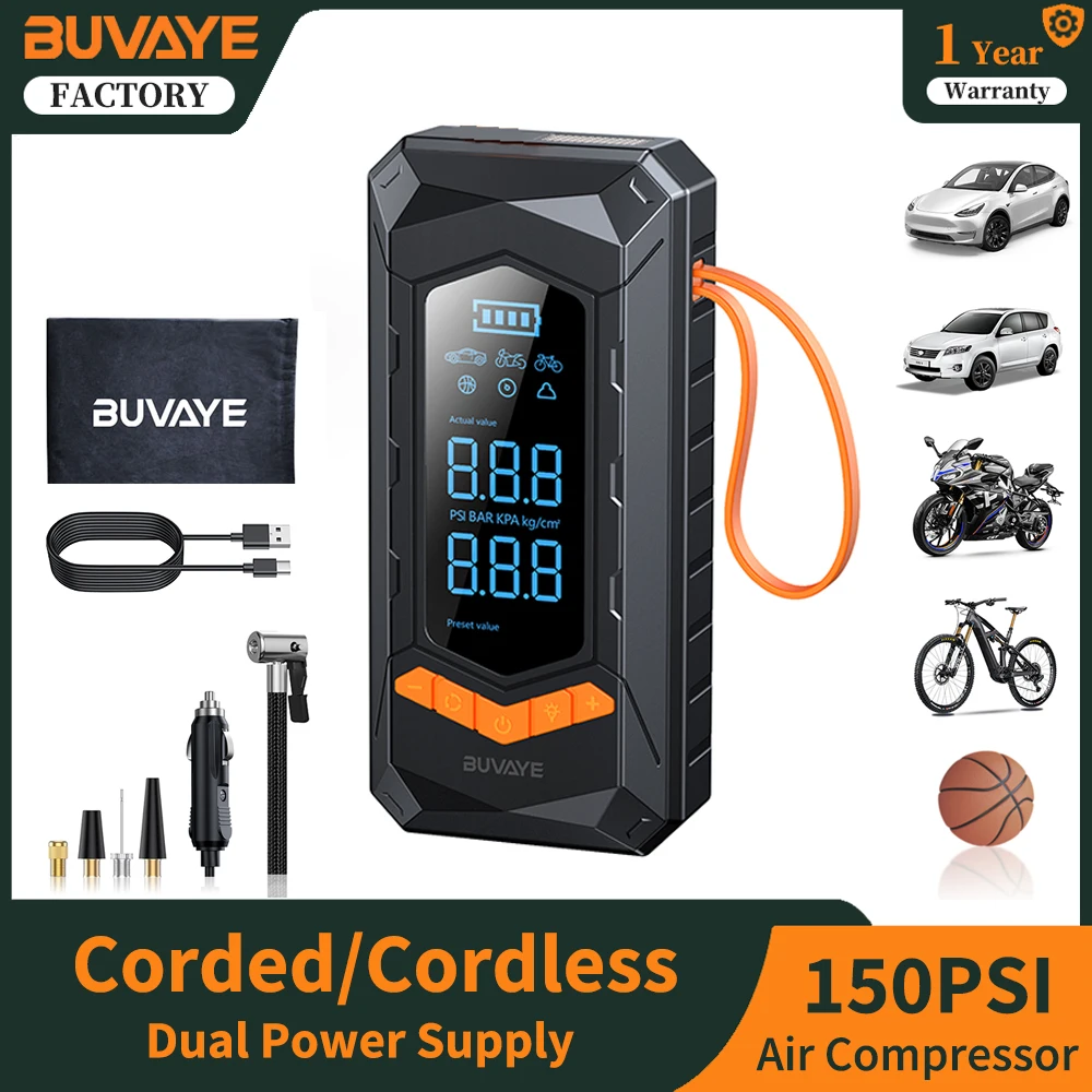 BUVAYE Portable Car Air Compressor WIth Power Bank Wired Wireless Dual Use Tire Inflator 150PSI Inflatable Pump With LED Light