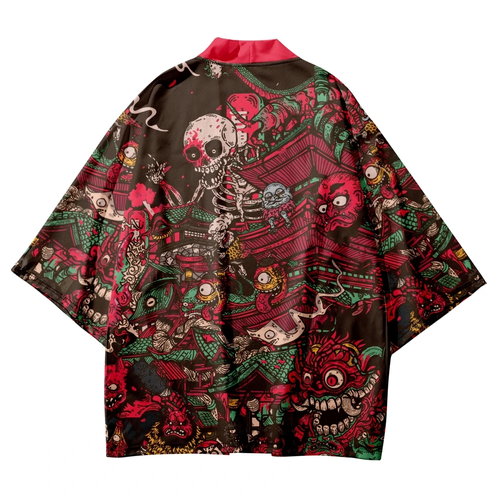 

Traditional Japanese Skeleton Print Kimono Cosplay Haori Obi Women Men Cardigan Beach Yukata Asian Clothing Plus Size 6XL