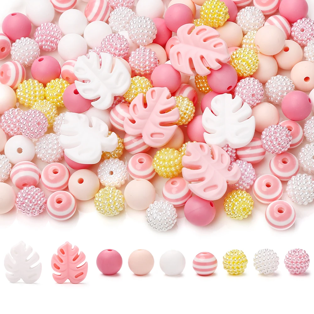 74Pcs 12mm Silicone Beads Round Chew Beads Set Turtle Back Leaf Beads Food Grade DIY Pacifier Chain Clips Jewelry Accessories