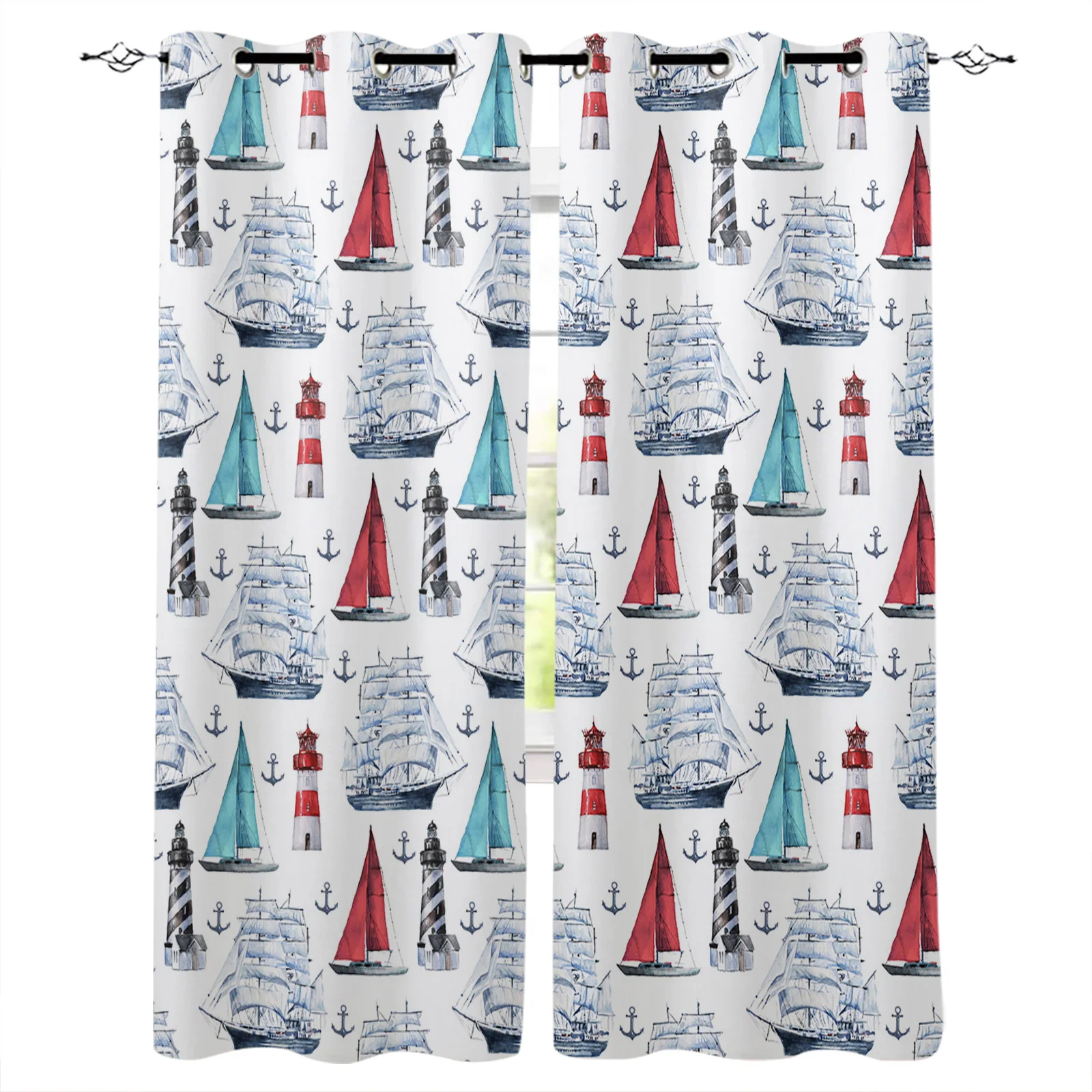 

Watercolor Ocean Sailing Lighthouse Bedroom Modern Living Room Kitchen Drapes Home Kids Room Decor Window Curtains