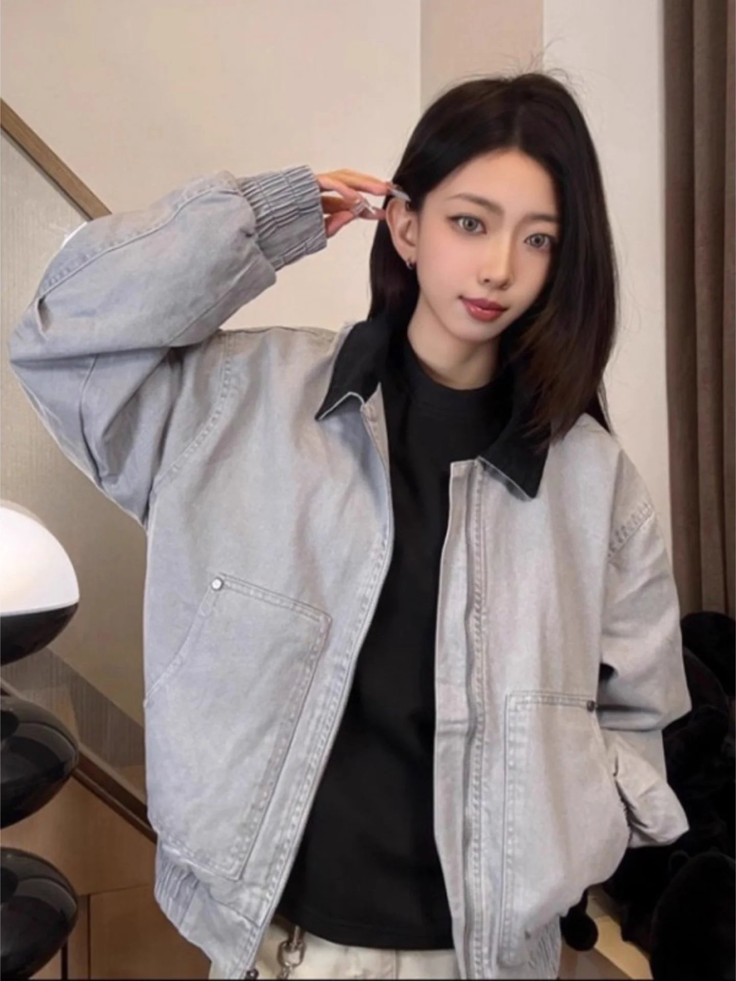 

Мужская куртка в американском уличном стиле, свободного кроя, с воротником в стиле Детройт, цветная, осенняя, новая модная коллекция, брендовая уличная одежда