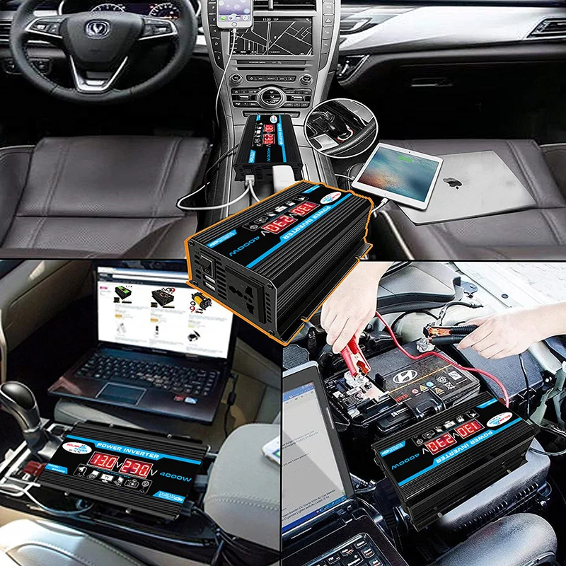 4000W Car Power Inverter LED Display DC 12V To AC 220V Fast Charging Dual USB Ports Inverter For Mobile Phones/Computers/Laptop