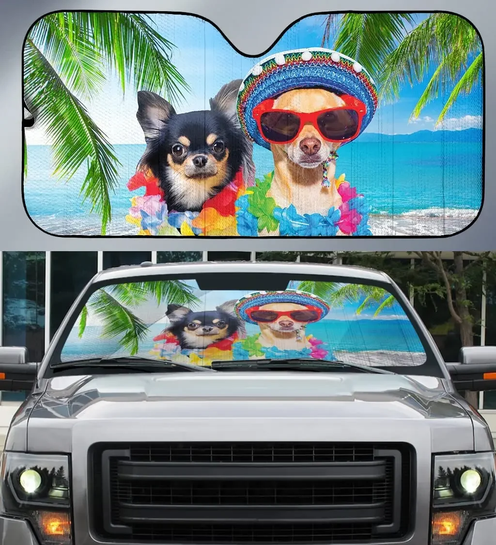 Hawaii Chihuahua Dog in Summer Beach Coconut Tree Car Sunshade, Gift for Chihuahua Lover, Hawaii Vibe Auto Sun Shade, Windshield