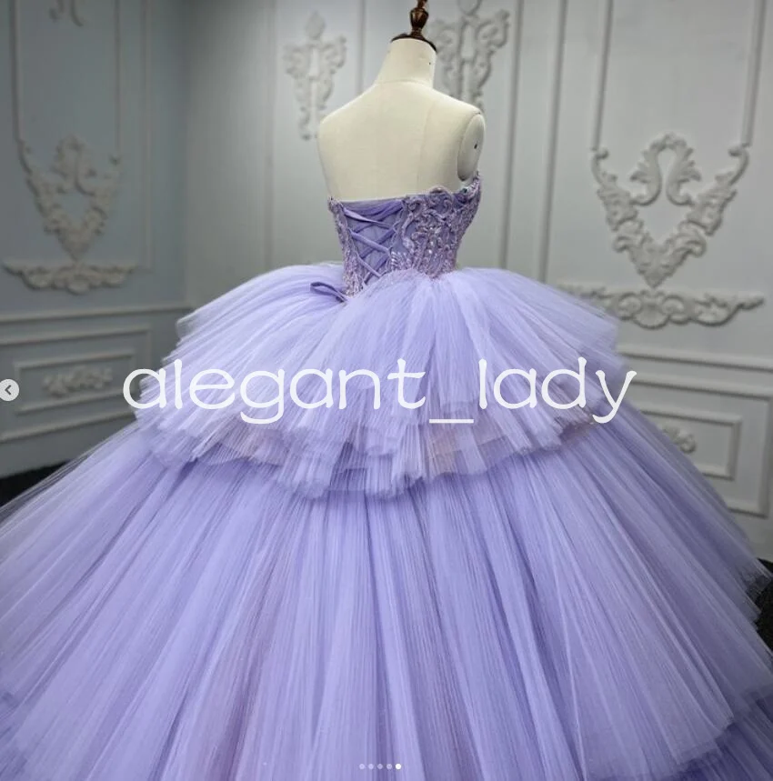 فساتين كوينسيانيرا من Lilac بلون اللافندر ، تنورة من التل المزيّن بالخرز ، برباط عند الصدر ، vestidos de quinceañeras 2024