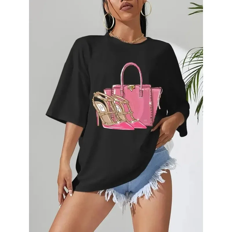 Print T-shirts Women Street Hip Hop Clothes Pink High Heels Lady's Bag Summer Breathable Short Sleeve Summer Soft Tee Top Female