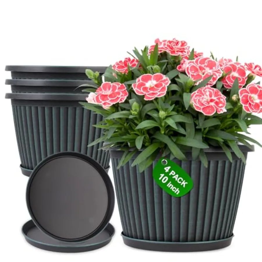 

Planter-Pots-for-Plants-door-Outdoor, 4 Pack Plastic Flower Pots with Saucer and Drainage Holes, Modern Garden Planters for Pla
