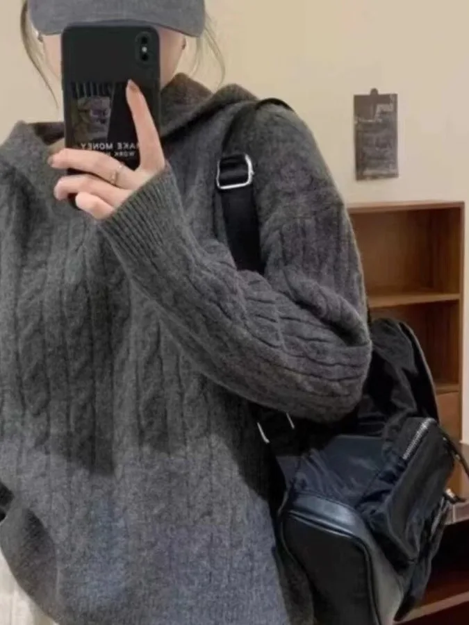 

Women's Knitted Sweater Autumn Winter 2025 Sle Cabled Knitwear Hooded Loose Fit Soft Lazy Top Polyester Fiber Long Sve