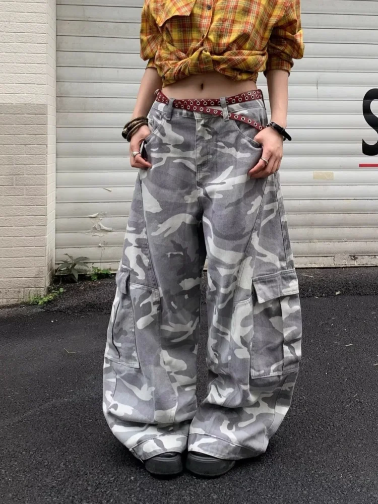 2025年アメリカンレトロY2Kファッション迷彩柄バギーカーゴジーンズパンツ レディース服 ワイドレッグ ストリートウェア コットン レディースパンツ
