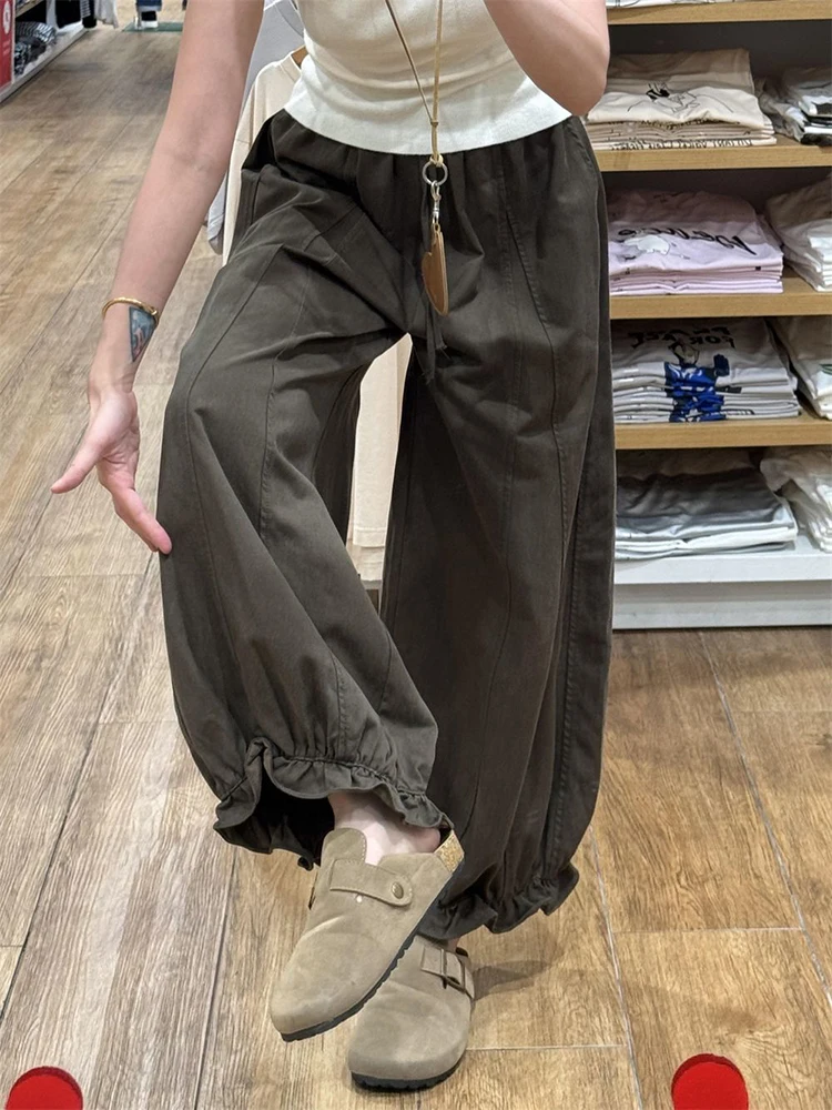 

Осенние повседневные брюки до щиколотки женские Y2K с высокой талией уличная одежда мешковатые повседневные брюки-фонарики женские свободные простые широкие брюки