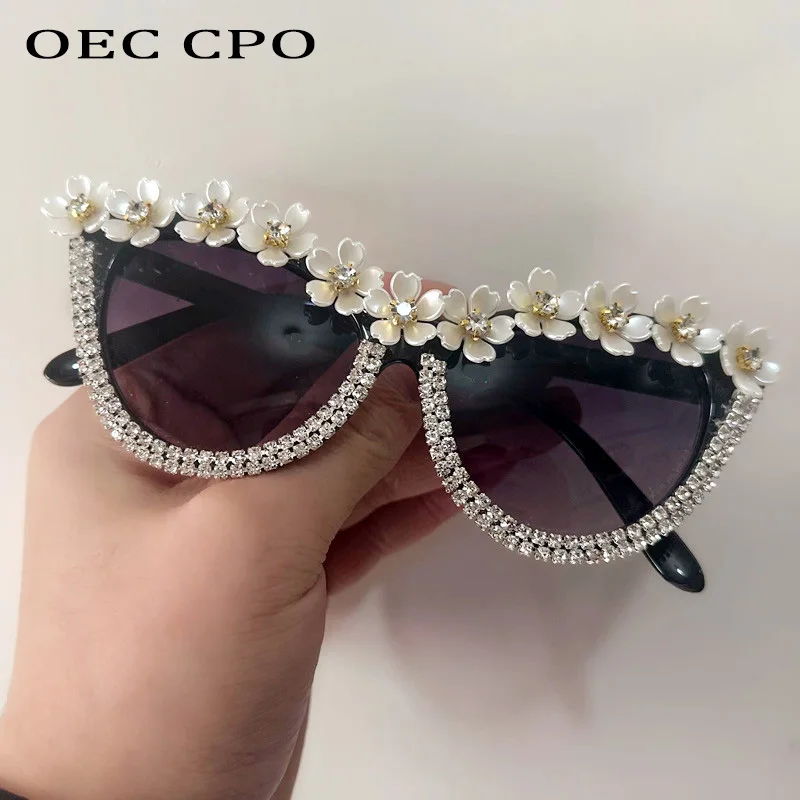 

OEC CPO Vintage Flower Decoration Cat Eye Sunglasses Women Fashion Rhinestone Shades Sun Glasses Female UV400 Diamond Eyewear