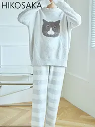 Japanese Fall Winter Warm Pajama Sets Cute Cat O-neck Pullover Tops + Loose Striped Tousers Sleepwear Women Casual Homewear Suit