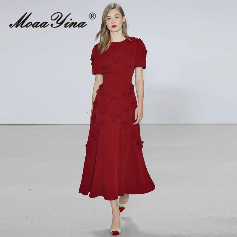 

MoaaYina весна/лето новое женское платье с круглым вырезом и короткими рукавами, трехмерное цветочное декоративное платье с талией и распашным дизайном