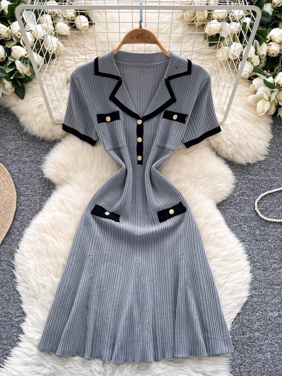 فستان Foamlina Chic ذو كتلة ألوان وياقة بيتر بان فستان بناتي بأكمام قصيرة وزر معدني وخصر مقصوص بقصة ضيقة فستان قصير على شكل حرف a