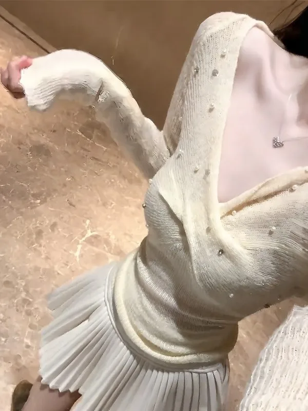 

Свитер женский вязаный Pure Desire Gentle Wind Splice V-ne Long Sve, осенне-зимний дизайн, чувственный, чисто сексуальный топ