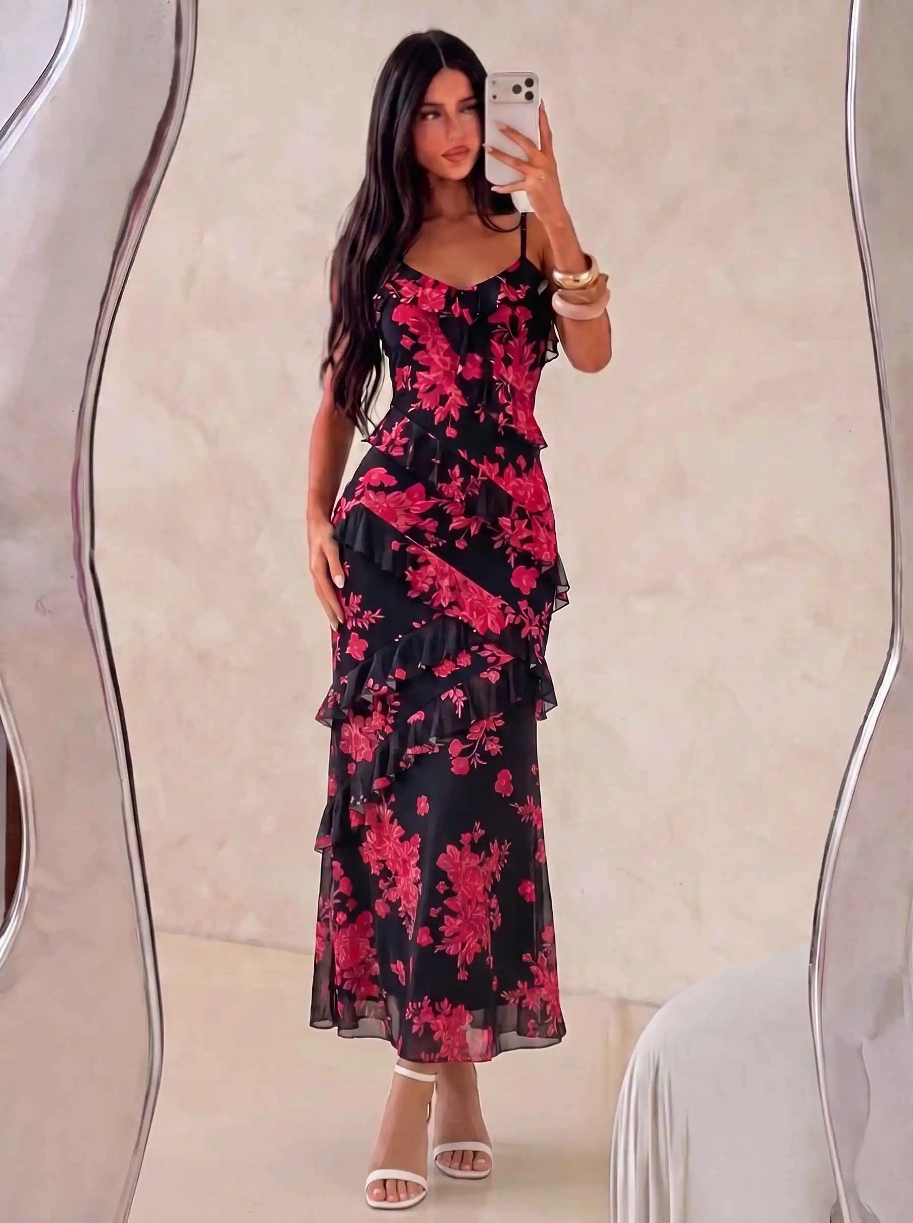 Damen Aquarell-Rosen-Print Cami-Kleid mit Rüschen, Chiffon-Midikleid, Spaghettiträger, fließendes Kleid für Urlaub, Strandparty, Ferien – Detail 7