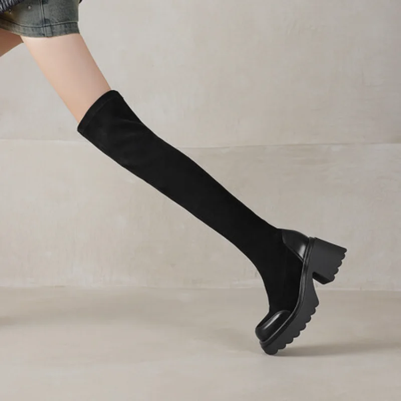 Street Style Stretch Women Over The Knee High Boots Autumn Winter Thick Heel Ladies Concise Long Botas De Mujer 2025