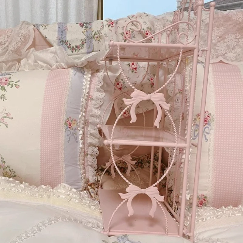 Pink Iron Desktop Organizer Multi-Tiered Cosmetic Storage Shelf Freestanding Display Rack for Bedroom Spacious Metal Bookshelf view 3