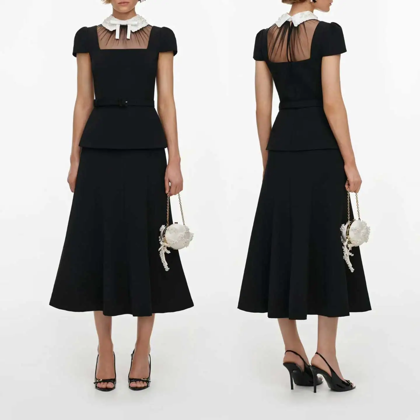 Women Vintage Black Fake two midi dress white Lace Bow Collar Short Sleeve Peplum Top Belted Midi Flare Elegant dress