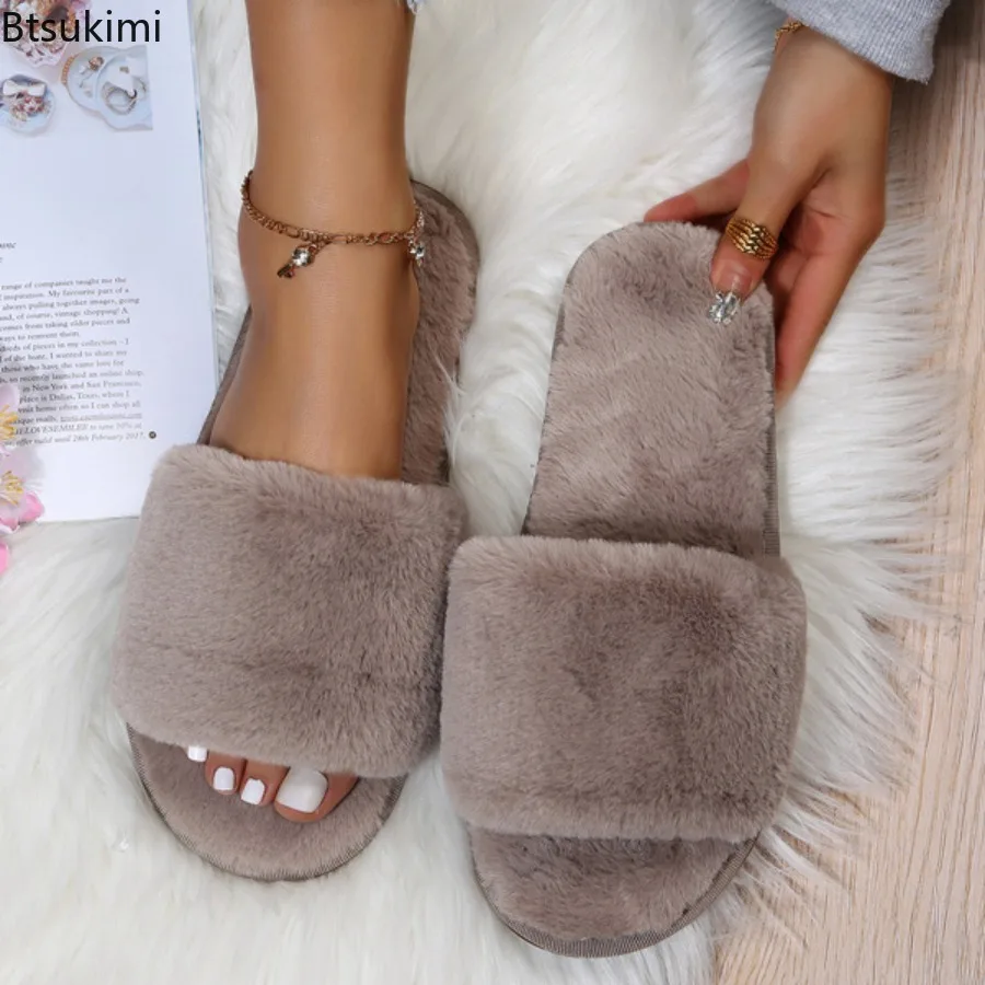 New Women's Winter House Furry Slippers Non-Slip Casual Indoor Flats Floor Shoes Ladies Flip Flops Solid Colors Plush Warm Shoes
