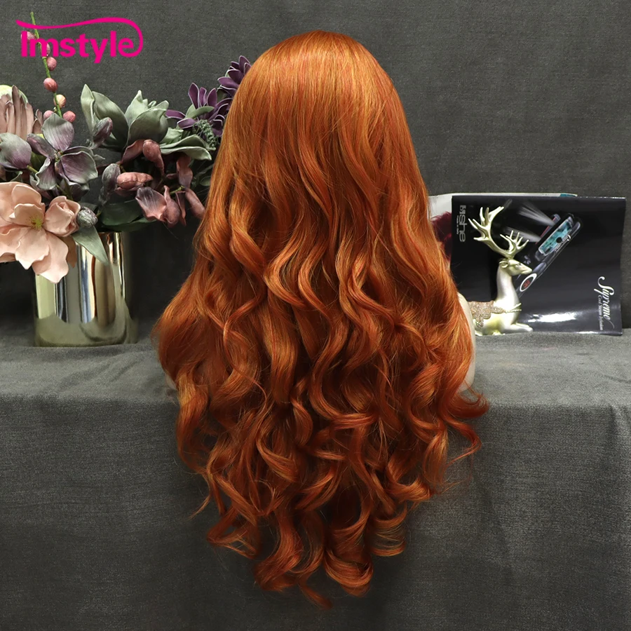 Imstyle Ginger Wig Synthetic Lace Front Wig Orange Mixed Color Long Wavy Wig Heat Resistant Fiber Cosplay Wigs For Women