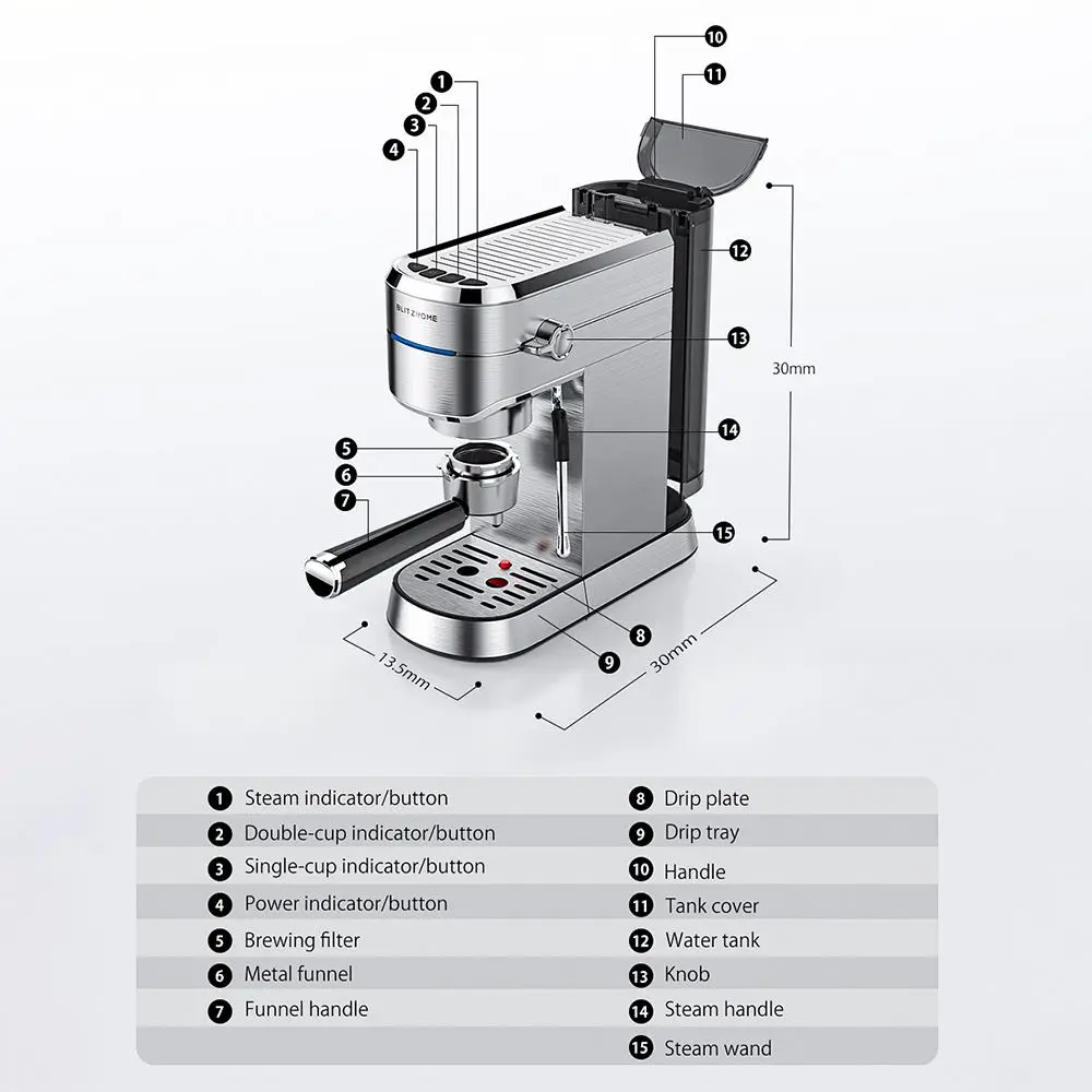 BlitzHome-máquina de Espresso NTC de 15 Bar, máquina de café con Control preciso de temperatura, protección segura, fuselaje completamente metálico,