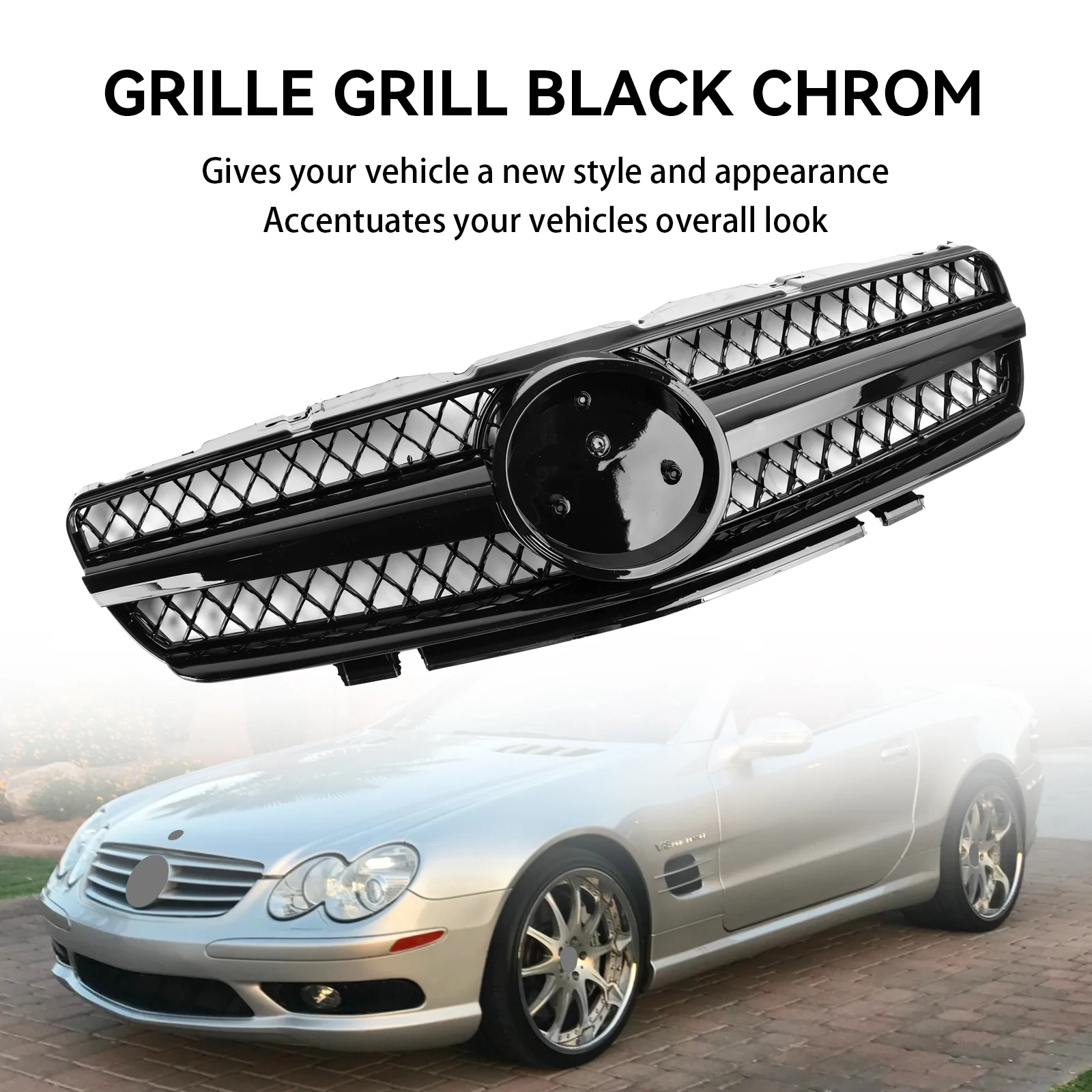 Artudatech Front Upper Grille Grill Fit Mercedes R230 SL500 SL600 2003-2006 1 Fin Star Black