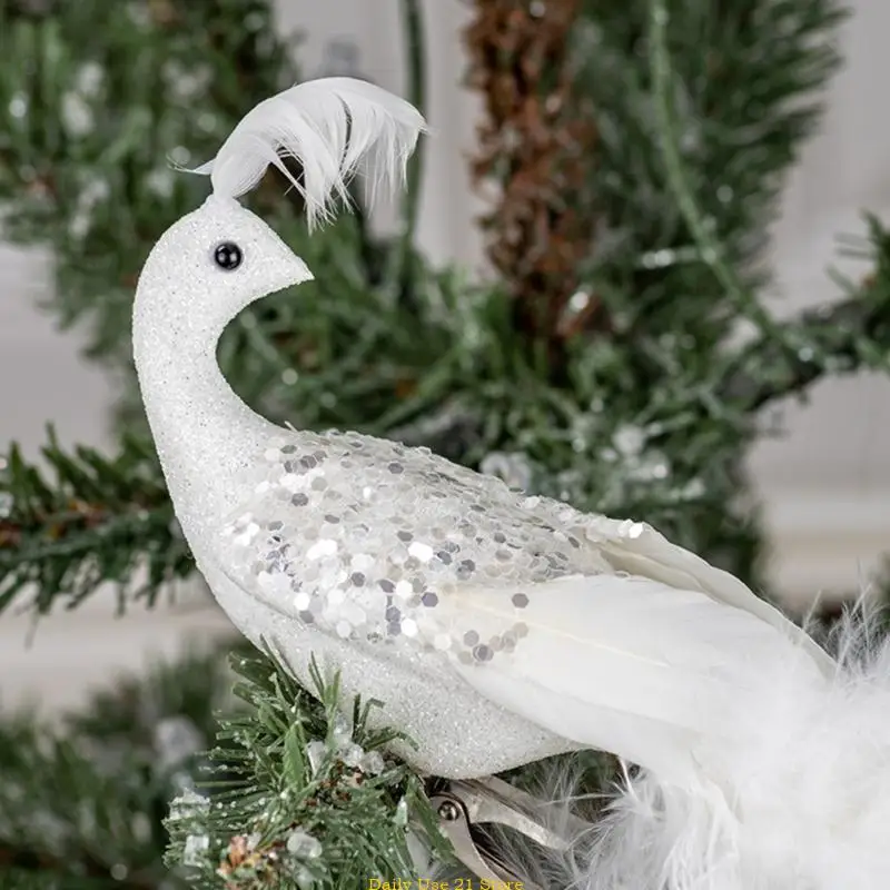 Artificial White Peacocks Christmas Tree Ornaments Bird Figurine with Long Tail