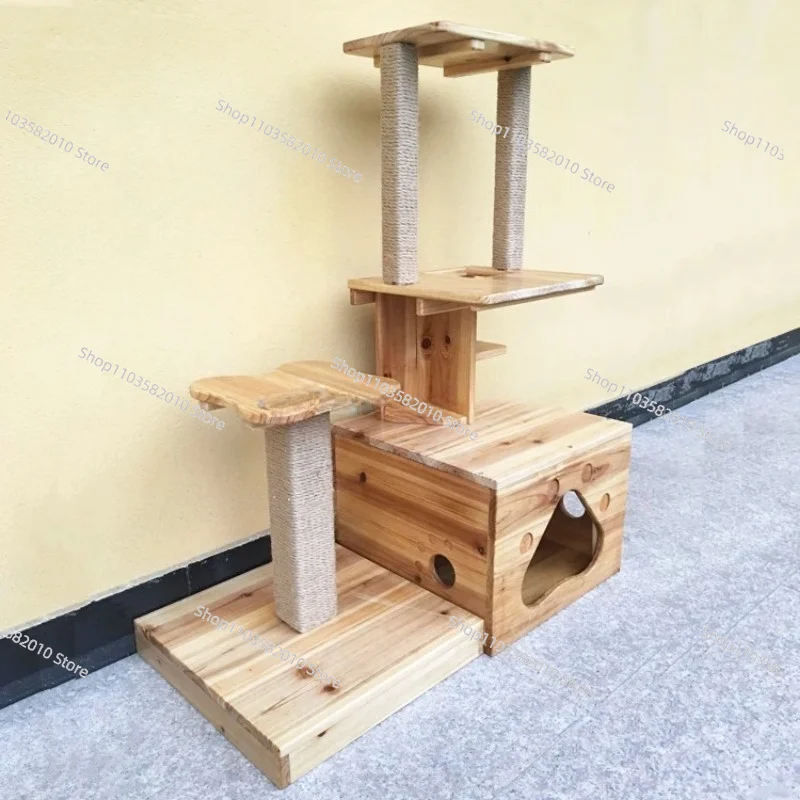 Factory Wholesale SDCT001 Wooden Cat Tree House Big Wooden Scratcher Tower Different Sizes Print Pattern for Living Pet House