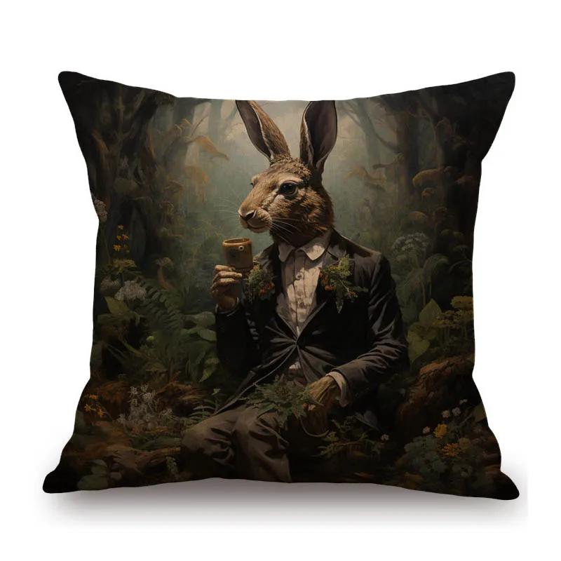 Cute Animal Bunny Mouse Elephant Panda Cosplay Warrior Samurai Retro Art Cotton Linen Sofa Throw Pillow Case Cushion Cover