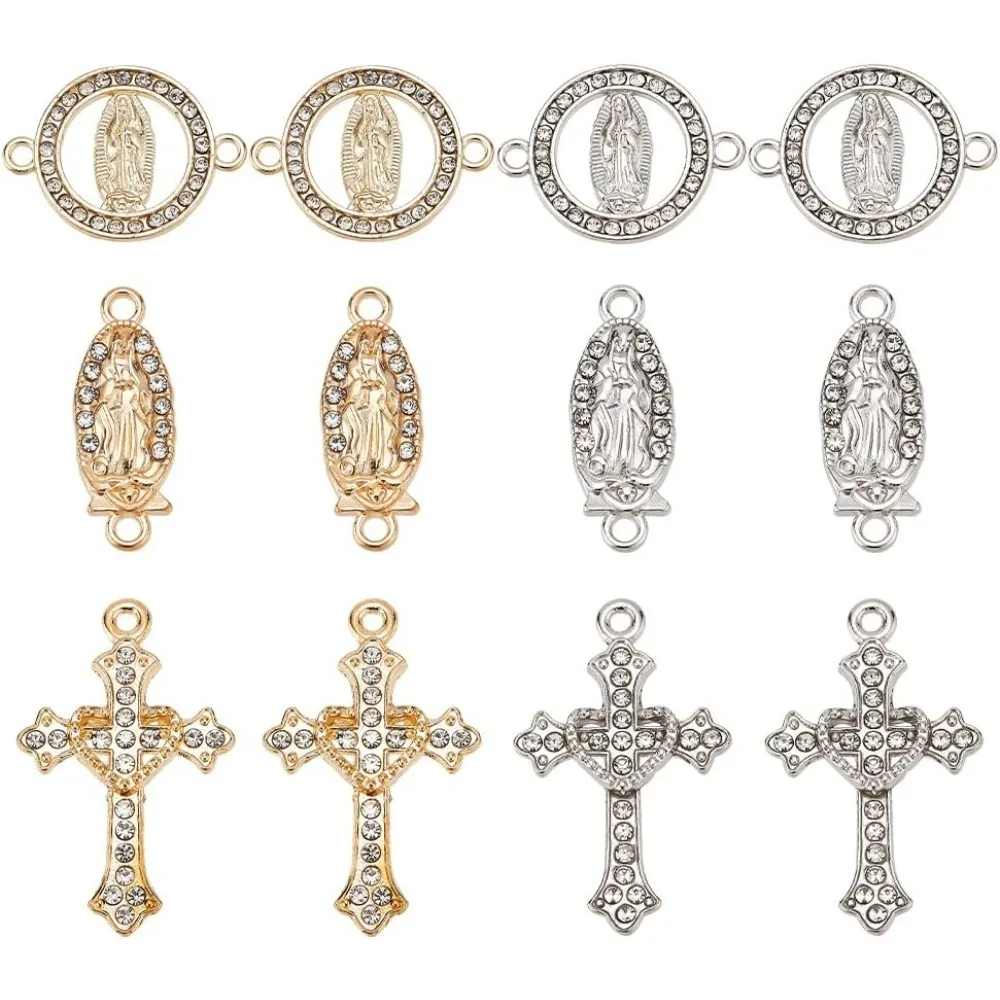 60 Pcs 6 Styles Alloy Religions Connector Charms, Link Pendant Cubic Zirconia Cross Pendant Charms for Necklace Bracelet DIY