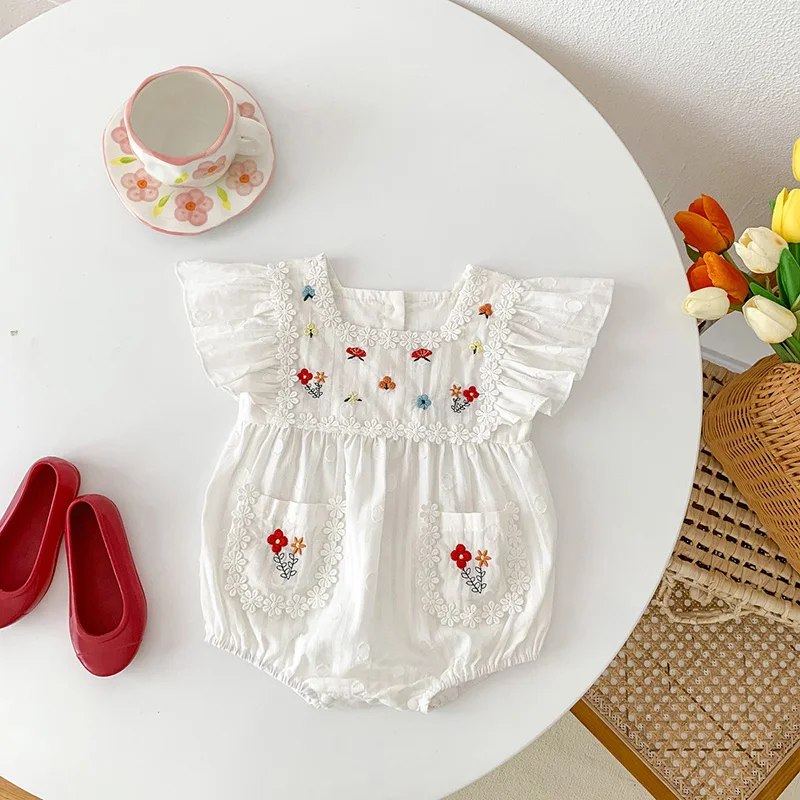 MILANCEL 2023 Summer Baby Girls Clothing Flare Sleeve Baby Bodysuit Embroidery One Piece