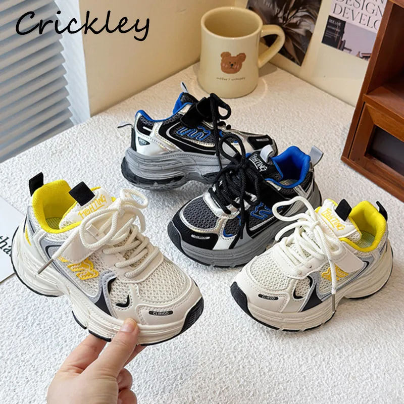 

New Patchwork Kids Sneakers Mesh PU Hook Loop Boys Girls Casual Running Shoes Fashion Soft Bottom Children Sport Shoes