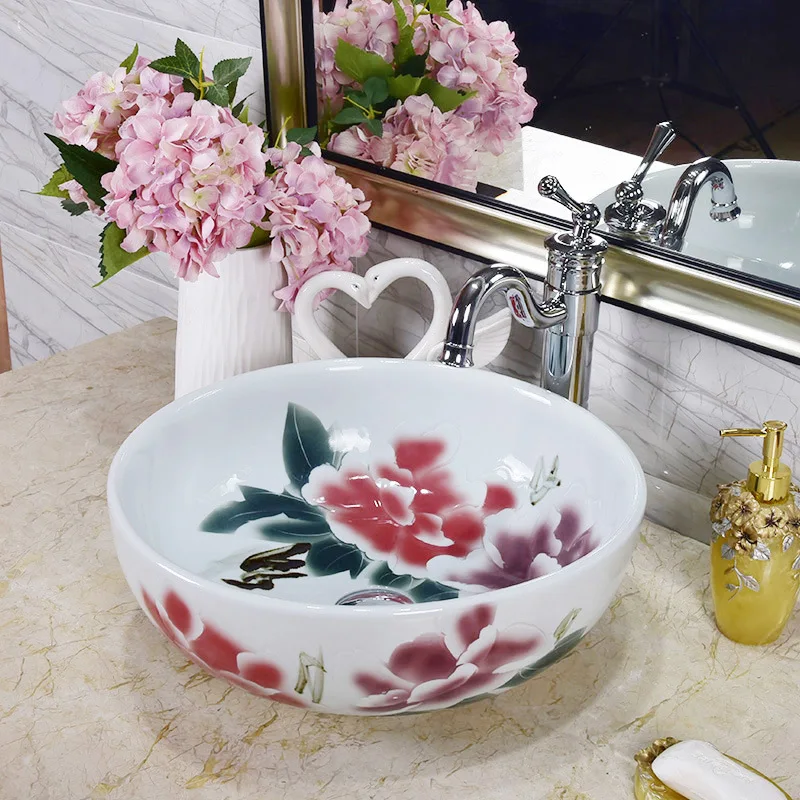 Europe Style Handmade Engraved Blocks Porcelain wash basin Countertop Lavabo Round Sink Bathroom Basin