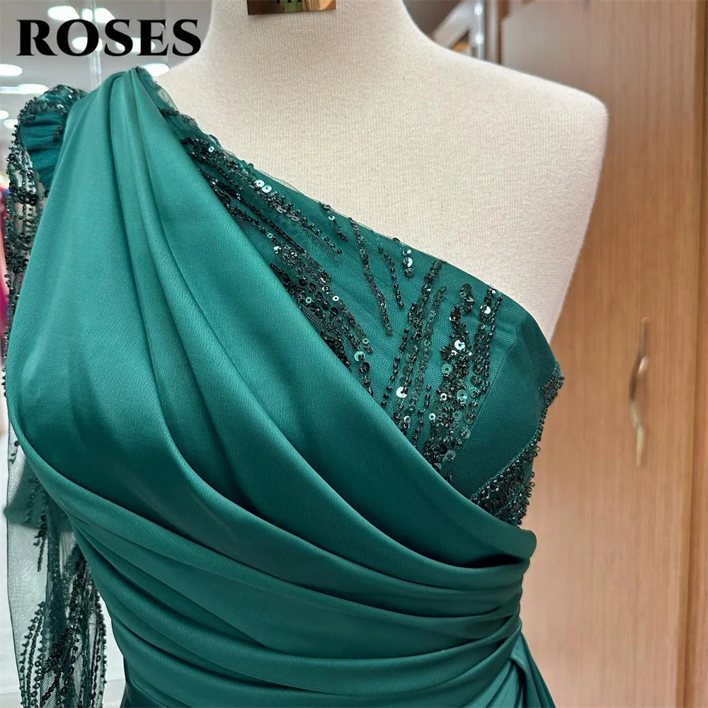 Rosen grün Abendkleid One-Shoulder Meerjungfrau Ballkleid mit Falte Pailletten Spitze Party kleid Satin bodenlang فستان س카رة