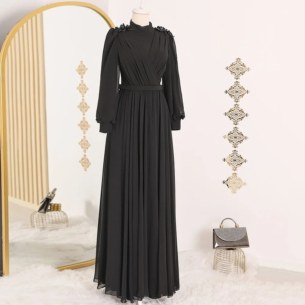 Robe De Soirée noire en mousseline De soie, col haut, manches longues, avec perles, ligne a, longueur au sol, Robes d'occasion