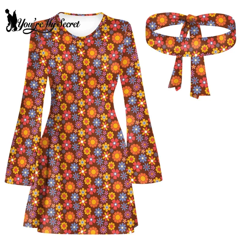 [أنت سري] فستان نسائي 60s 70s Go Go Retro Hippie Boho مزين بالزهور ديسكو فستان الهالوين للحفلات التنكرية