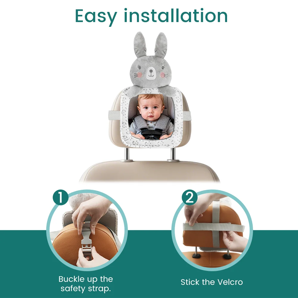 Cute Rabbit Baby Car Seat Mirror, Rear Facing Infant Safety Car Mirror, Adjustable Straps for Easy Installation