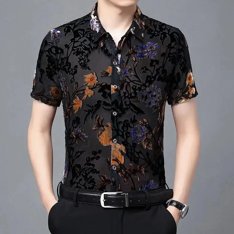 NewTurn Down Collar Cotton Men Shirts Long Sleeve Buttons Shirt Men Solid Color Sexy Lace See Through Clubwear Down Shirt2025