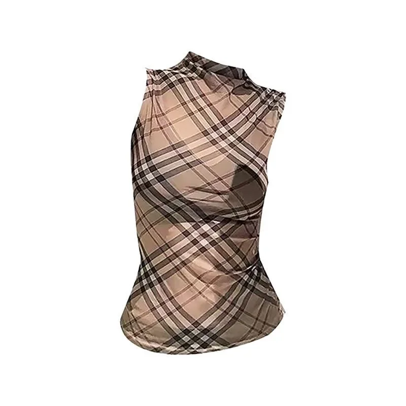 الفرنسية خمر نصف الياقة العالية سترة دون أكمام المرأة الصيف نمط جديد التخسيس منقوشة الأعلى سيدة عصرية عصرية #4