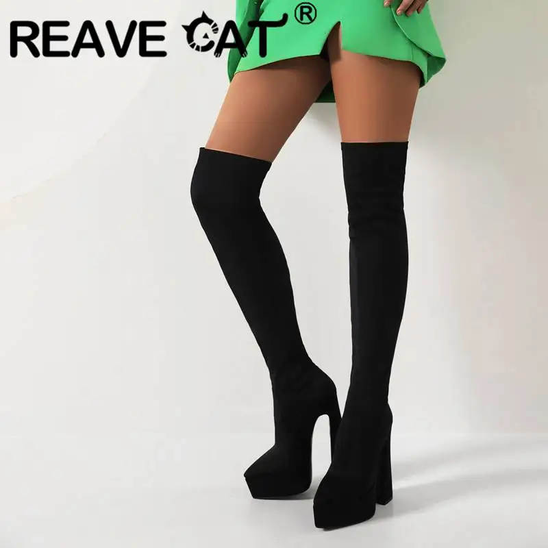

REAVE CAT Over Knee High Boots 53cm Platform 5cm Slip On Big Size 43 44 45 Sexy Booties Stretchy Satin Chunky Heels 14cm Black