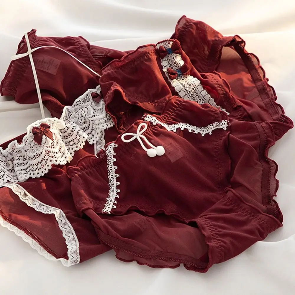 Underwear Solid Color For Female Ruffles Bowknot Cotton Crotch Mesh Female Lingeries Middle Waist Thong Briefs Wine Red Panties