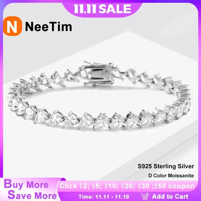 

NeeTim 0.5ct Pear Cut Moissanite Bracelet Lab Diamond 925 Silver with White Gold Plated Tennis Bracelets Chain for Women Gift