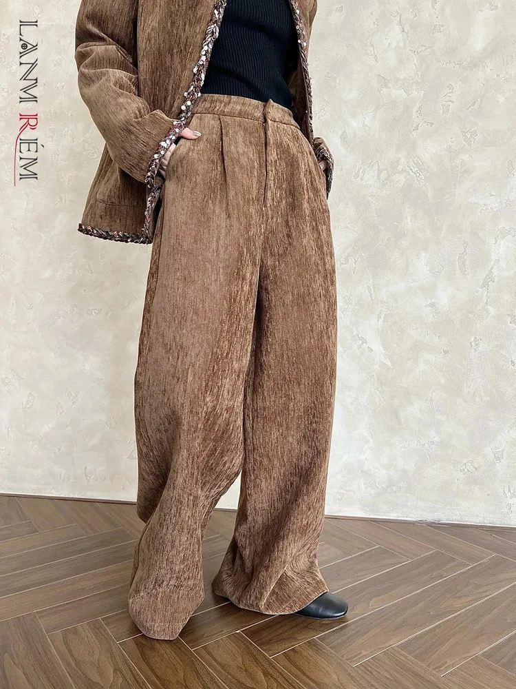 [LANMREM] Elegant Corduroy Pants For Women High Waist Straight Office Lady Loose Trousers Vintage 2024 Autumn New 26C752