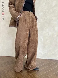 [LANMREM] Elegant Corduroy Pants For Women High Waist Straight Office Lady Loose Trousers Vintage 2024 Autumn New 26C752