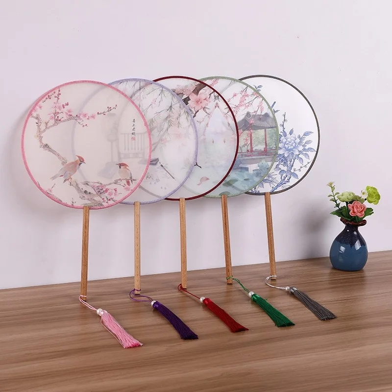 Silk Handmade round Printed Fan Women's Hanfu Traditional Dance Fan Semi-Transparent Silk Surface Classic Chinese Style
