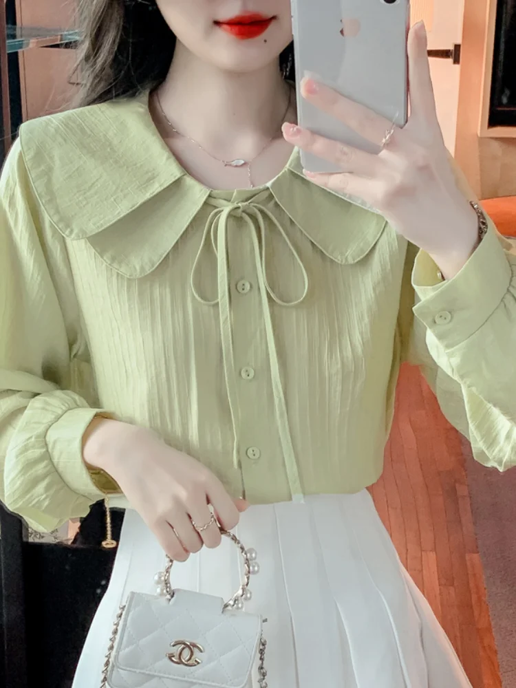 Elegant Petal Collar Women Shirts Temperament Long-sleeved Autumn 2023 New Chic Top Tow Color Ladylike Female Blouses