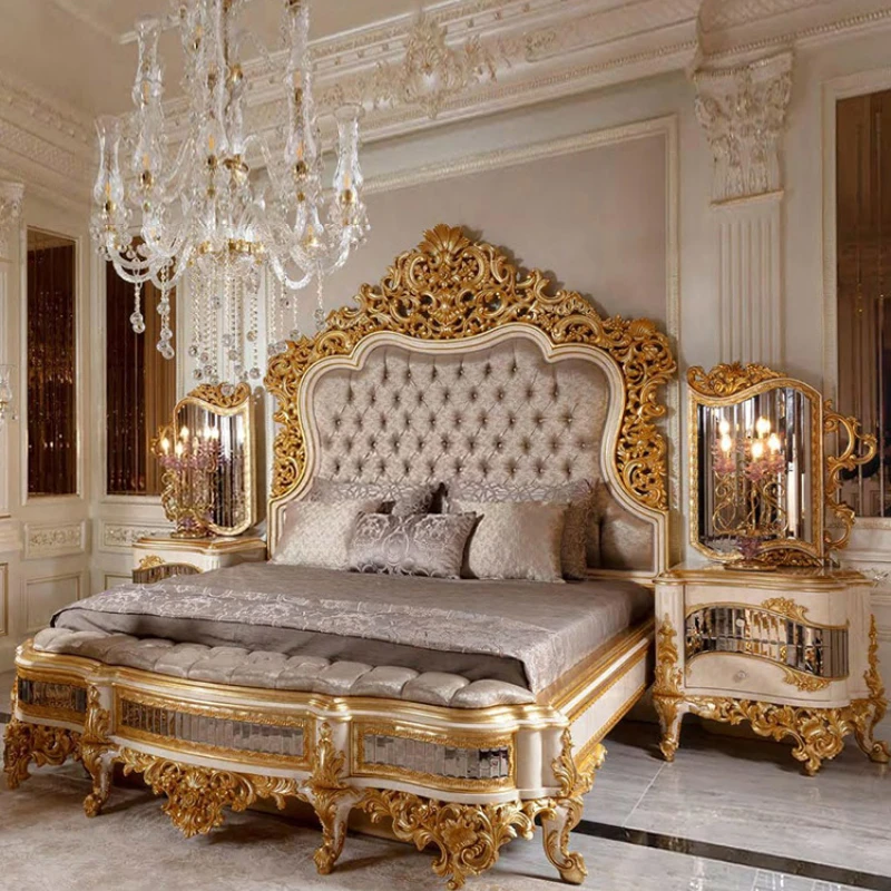 Double Bed European-Style Wood Carved Bed Villa Master Bedroom Luxury Prince Bed