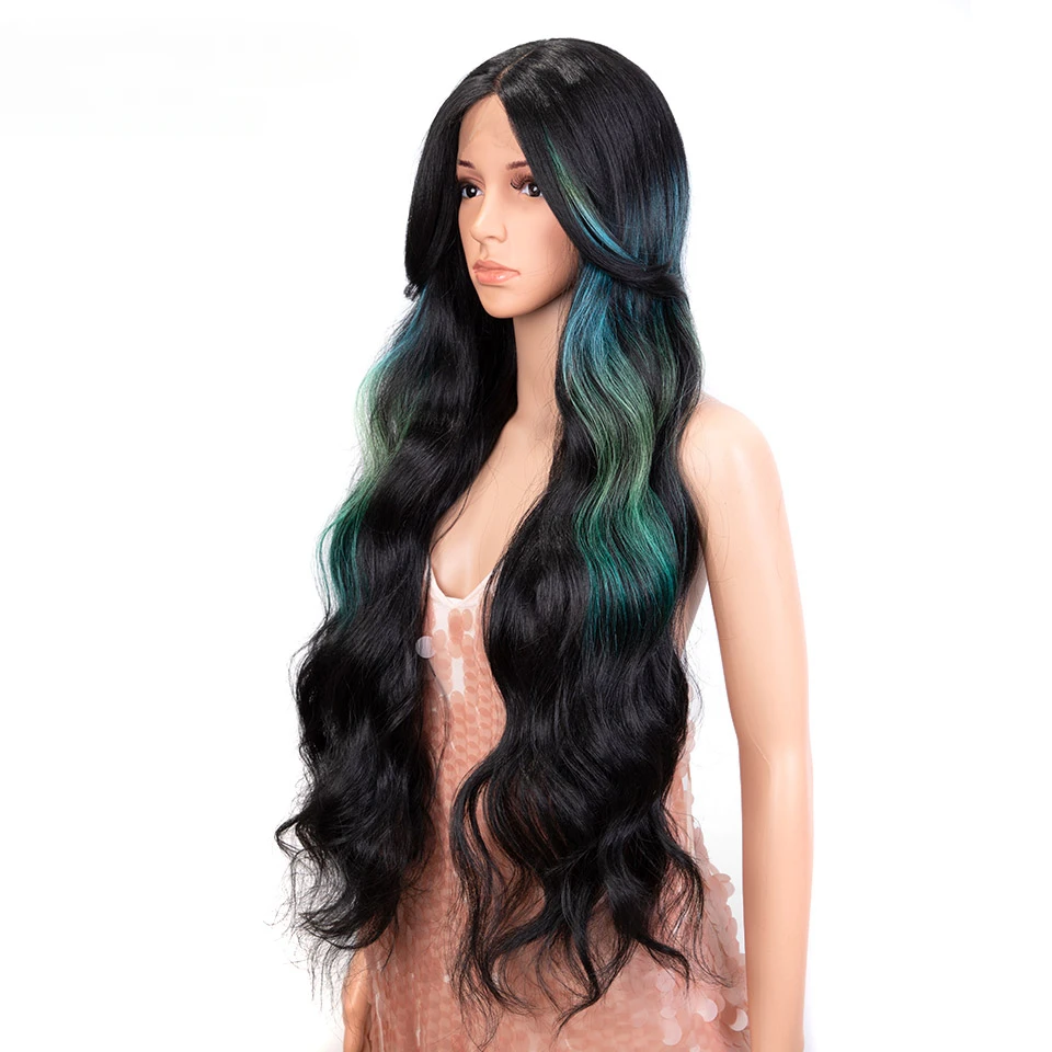 Parrucca anteriore in pizzo 34 pollici Ombre arcobaleno Glueless con Cosplay per capelli del bambino per le donne parrucche in pizzo a onde profonde