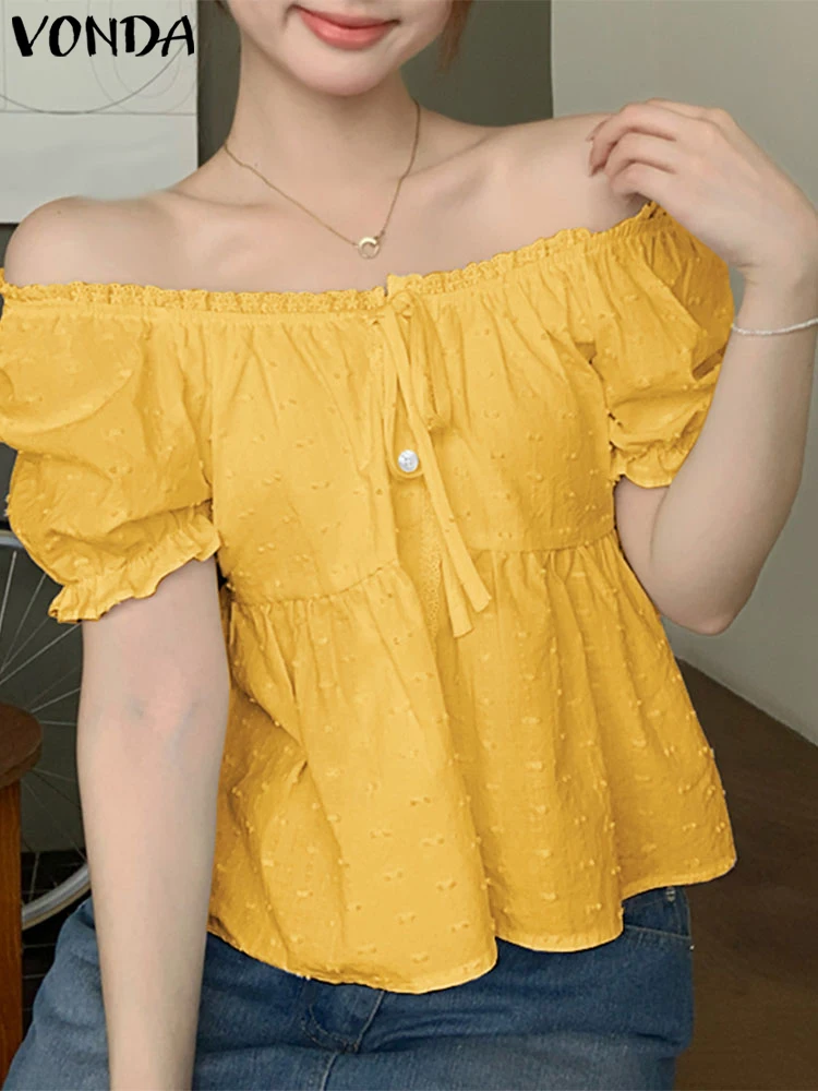 

VONDA Women Sexy Off Shoulder Shirts 2025 Summer Lace Tops Fashion Short Puff Sleeve Tunics Lace-Up Buttons Solid Ruffled Tops