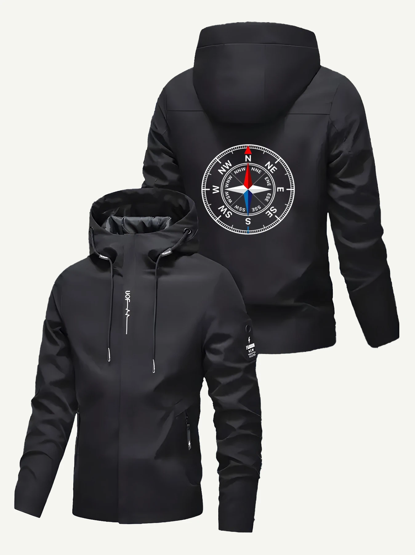 

Men's Compass Print Hooded Windbreaker Jacket Lightweight Water Resistant Outdoor Casual Coat